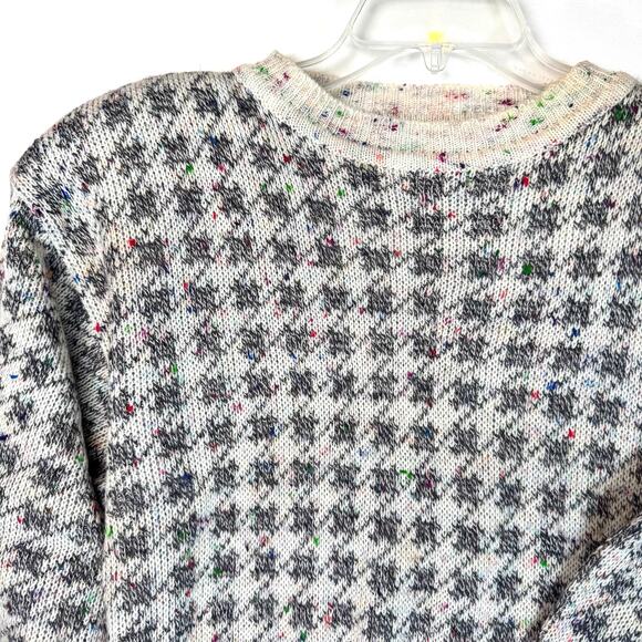 VTG 80s Confetti Knit Houndstooth Sweater Shoulder Pads Size Large - Picture 2 of 7
